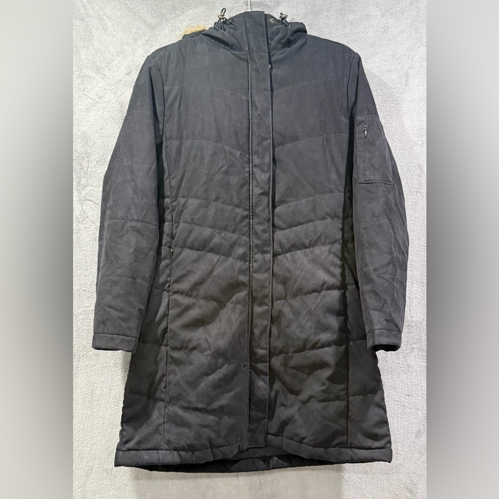 LL Bean Microsuede Black Quilted Puffer Coat Faux Fur Parka Size Small Petite